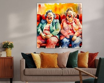 2 sociable ladies laughing in the theatre by De gezellige Dames