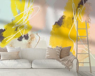 Moderne abstrakte bunte Malerei in Pastellfarben. Gelb, weiß, rosa, beige, hellblau von Dina Dankers