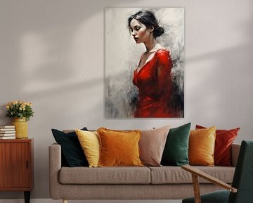 Abstract Portret - Lady in Red 1 van Wall Art Wonderland