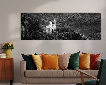 Panorama du château de Neuschwanstein en noir et blanc