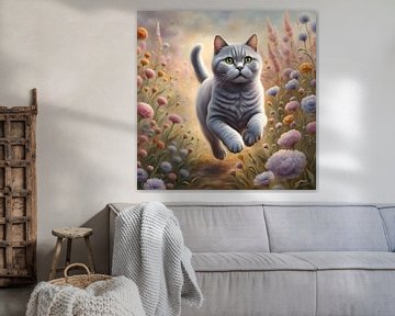 Britisch-Kurzhaar-Katze spielt in einem Blumenfeld von Johanna's Art