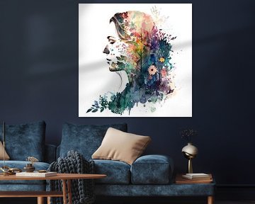 Portret van vrouw in silhouet met natuur elementen van Vlindertuin Art