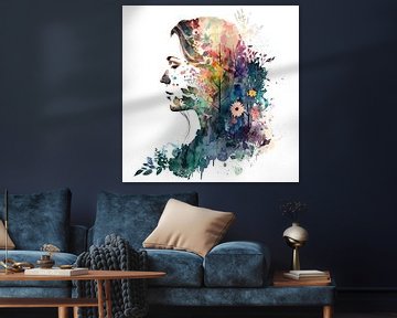 Portrait d'une femme en silhouette avec des éléments de la nature sur Vlindertuin Art