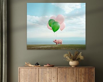 Absurd portrait of a pig with balloons by Vlindertuin Art