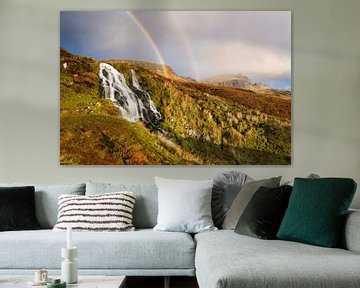 Waterfall with rainbow and the Old Man of Storr by Daniela Beyer