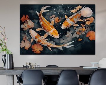 Koi karpers in vijver aquarel schilderij van Vlindertuin Art