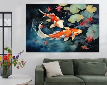 Watercolour of two koi carp fish and water lilies by Vlindertuin Art