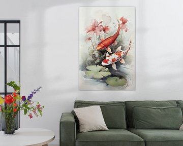 Koi karper aquarel met waterlelies van Vlindertuin Art