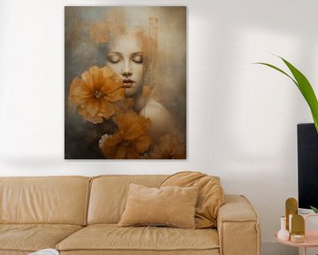 Portret modern chic met oranje bloemen van Carla Van Iersel