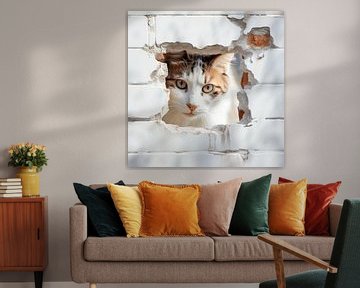 Peekaboo - Neugierige Katze schaut durch ein Loch in der Wand von Karina Brouwer