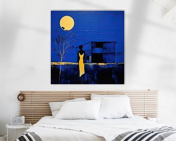 Femme en jaune - Silhouettes de lune - Bleu sur Peinture Abstraite