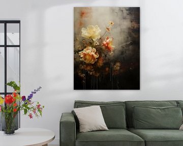 Bloemen tegen een abstracte achtergrond in wabi-sabi stijl van Carla Van Iersel