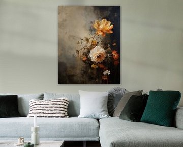 Bloemen tegen een abstracte achtergrond in wabi-sabi stijl van Carla Van Iersel