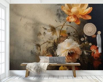 Bloemen tegen een abstracte achtergrond in wabi-sabi stijl van Carla Van Iersel