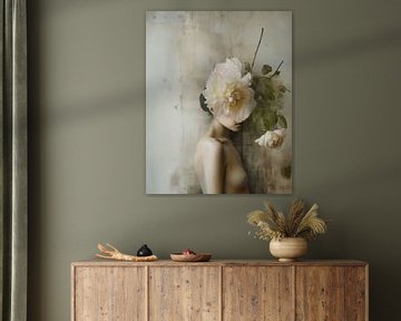 Portret met bloemen in wabi-sabi stijl van Carla Van Iersel