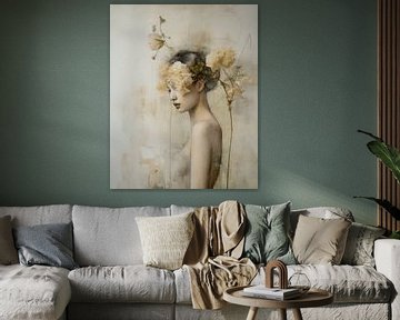 Portrait avec des fleurs dans le style wabi-sabi sur Carla Van Iersel