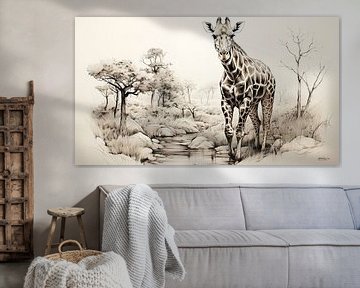 dessin à la plume d'une girafe sur Gelissen Artworks