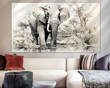 pentekening van een olifant van Gelissen Artworks