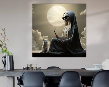 Vaping Nun and White Cat in the Moonlight by Karina Brouwer