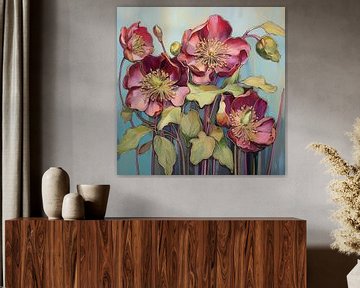 Dramatische Helleborus-Blüten | Florale Wandkunst von Abstraktes Gemälde