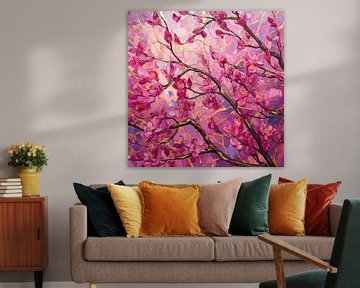 Levendige Roze Bloesems | Bloemige Mozaïekkunst van Abstract Schilderij