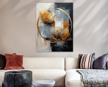 Modern abstract schilderij in blauw, oranje en goud van Studio Allee