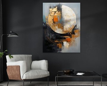 Modern abstract schilderij in blauw, oranje en goud van Studio Allee