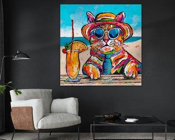 Vrolijke Strandbar Kat van Happy Paintings