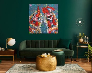 Kippen lol: Lachend Duo van Happy Paintings / Renata Rolefes