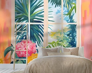 Buntes großes Fenster mit Sommerblick