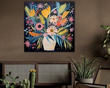 Farbenfrohe Harmonie | Buntes Blumenstillleben von Abstraktes Gemälde