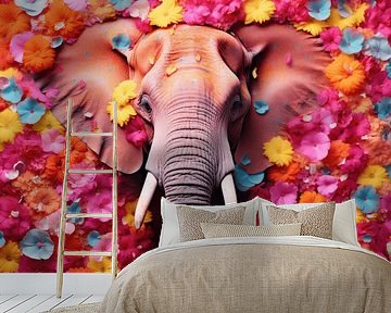 Bloemenexplosie met Olifant | bloemen | kleurrijk
