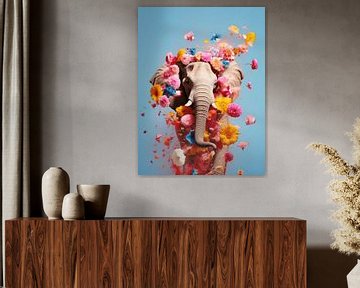 Levendige Wildernisfoto | blauw en roze | olifant van Eva Lee