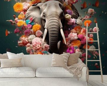 Kleurrijk Dierenportret | olifant | groen en roze