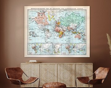 Carte du monde, colonies d'Europe. Carte d'époque vers 1900 sur Studio Wunderkammer