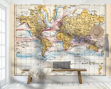 Zeestromingen, wereldkaart. Vintage kaart ca. 1900 van Studio Wunderkammer