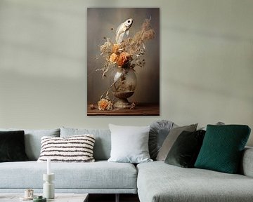 Stilleven bloemen met vis van Digitale Schilderijen