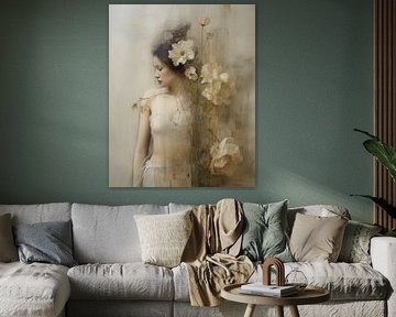 Portret met een zachte uitstraling in pastelkleuren, wabi-sabi stijl van Carla Van Iersel