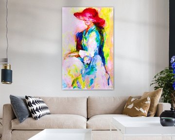 Portret in neon kleuren  van jonge vrouw . Handgeschilderde aquarel