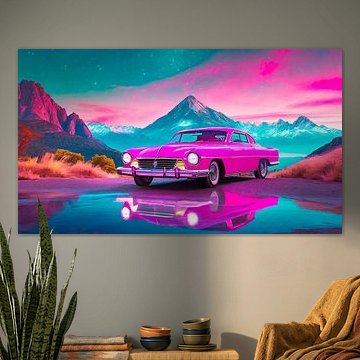 Roze auto in het landschap