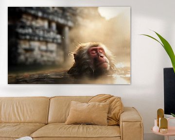 Peinture zen Singe: un macaque japonais se détend dans un bain chaud sur Surreal Media