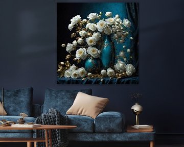 Stilleven van witte bloemen in turquoise vazen van Jan Bouma