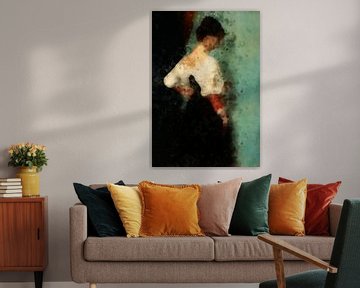 Portrait vintage d'une jeune femme en brun rouille, noir et turquoise. sur Dina Dankers