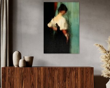 Portrait vintage d'une jeune femme en brun rouille, vert et rouge chaud. sur Dina Dankers
