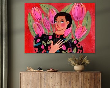 Moderne abstrakte Frau mit Tulpen von Caroline Bonne Müller