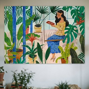 Lecture dans la serre de plantes tropicales sur Caroline Bonne Müller