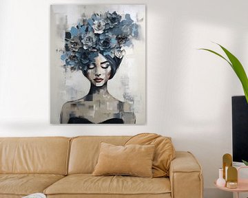 Modern and abstract portrait in different shades of blue by Carla Van Iersel