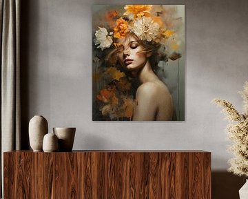 Modern en abstract portret met bloemen van Carla Van Iersel