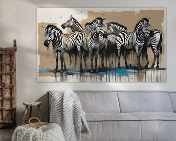 Safari-schets met zebra's aan de oever van de rivier van Wolfsee
