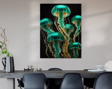 Jellyfish in green and gold by Retrotimes
